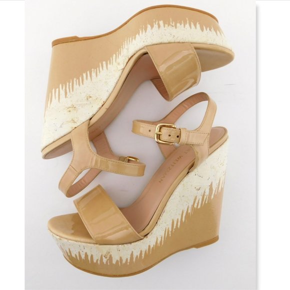 STUART WEITZMAN Beige Nude Patent Leather Cork Wedge Heel Sling Sandals 7.5 - Picture 5 of 8